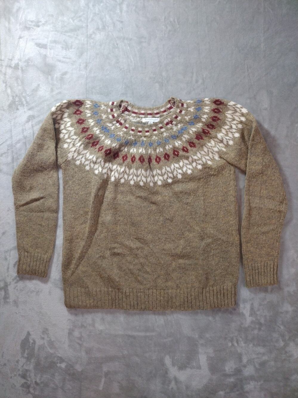 NorthStyle Fair Isle Sweater Womens L Camel Brown Wool Blend Eclectic Grandpa